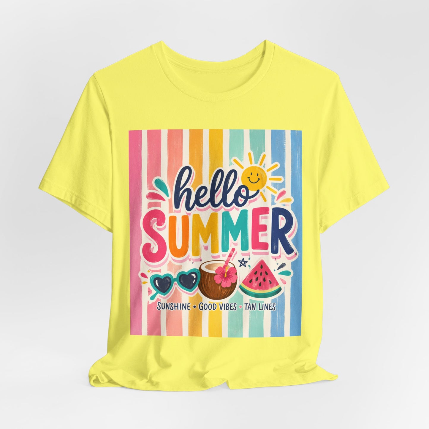 Sunflower Porch Co. Hello Summer Tee - Colorful Stripes, Sunshine & Watermelon Graphic