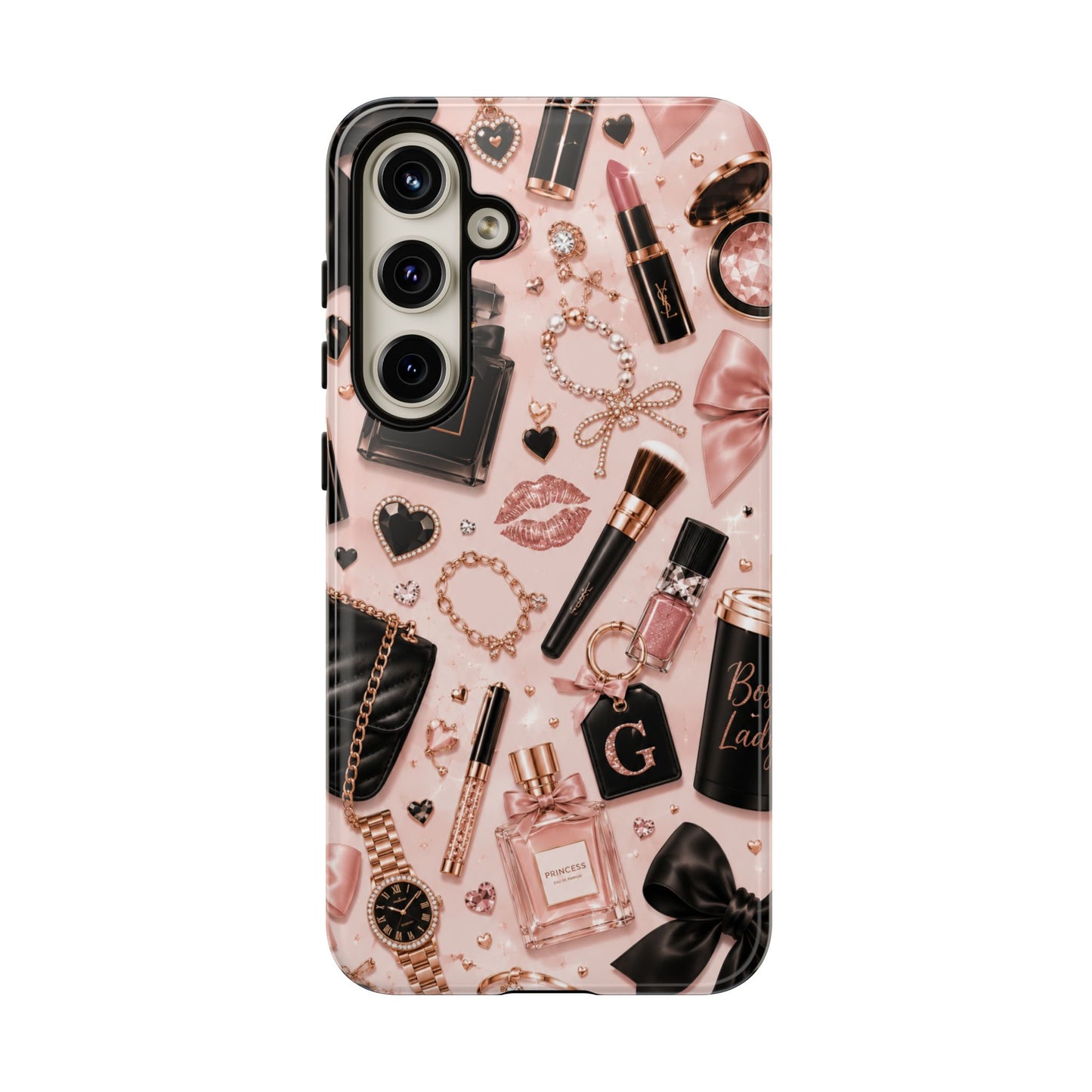 Sunflower Porch Co Glam Makeup Pattern Phone Case | Rose Gold Cosmetics, Perfume, Lipstick