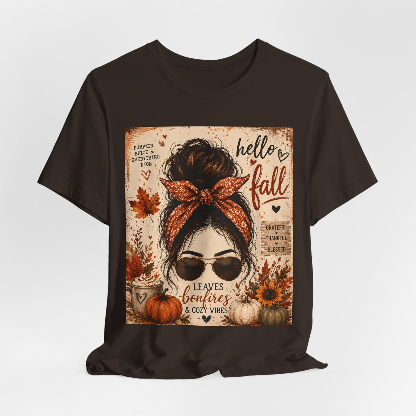 Sunflower Porch Co Hello Fall messy bun graphic Tee | Pumpkin leaves sunflower autumn design
