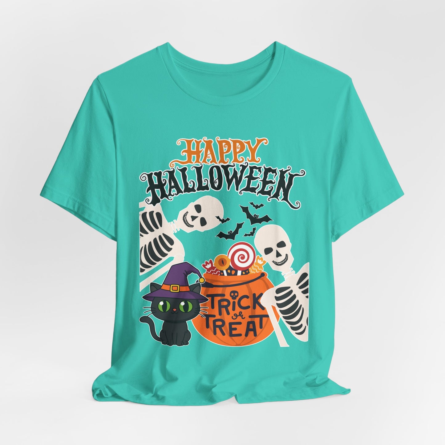Happy Halloween skeletons, black cat, trick or treat tee