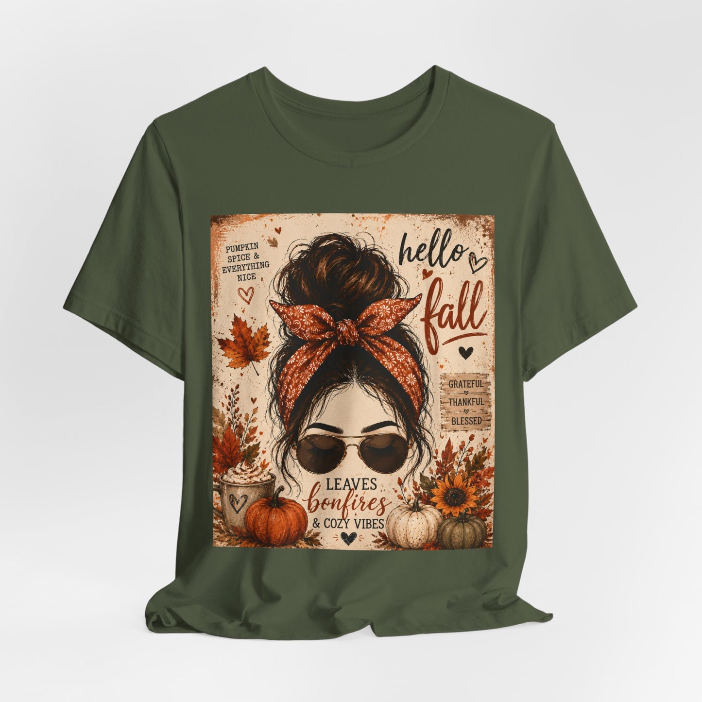 Sunflower Porch Co Hello Fall messy bun graphic Tee | Pumpkin leaves sunflower autumn design