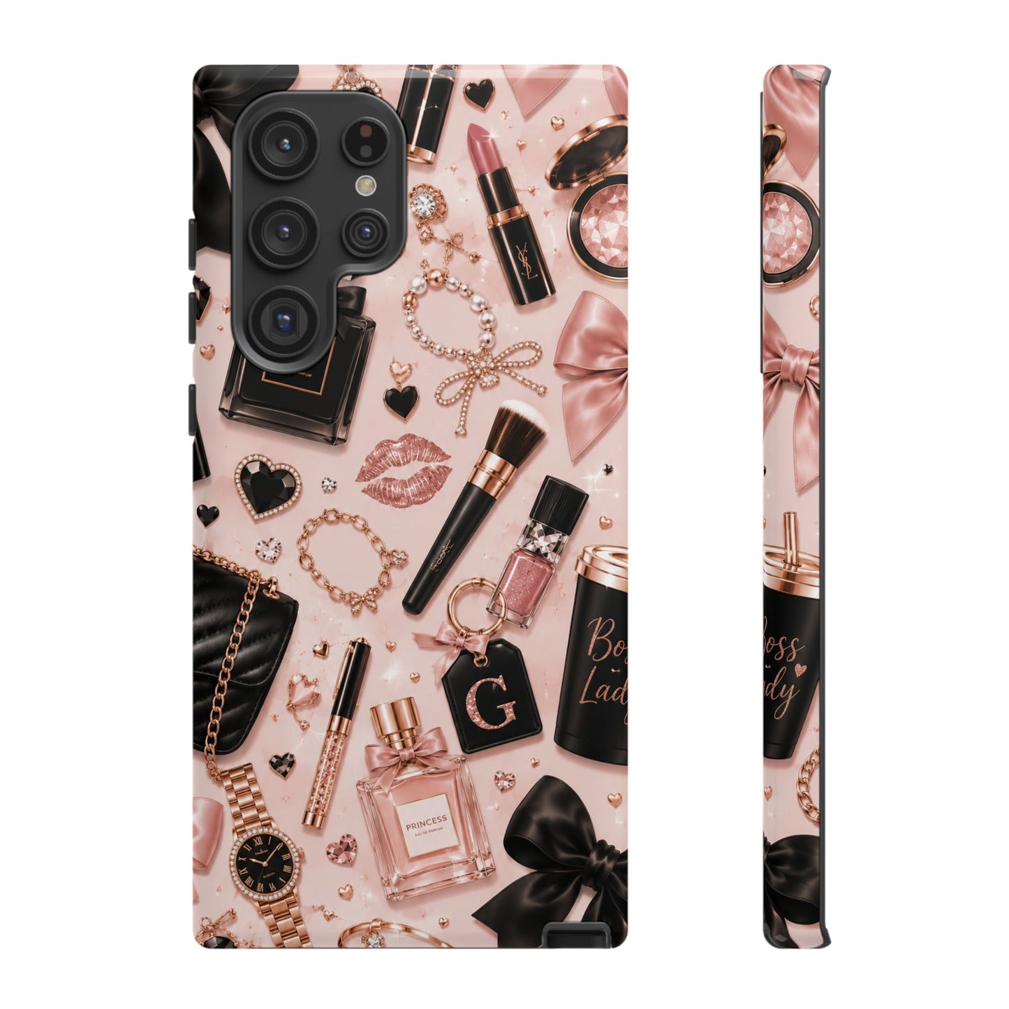 Sunflower Porch Co Glam Makeup Pattern Phone Case | Rose Gold Cosmetics, Perfume, Lipstick