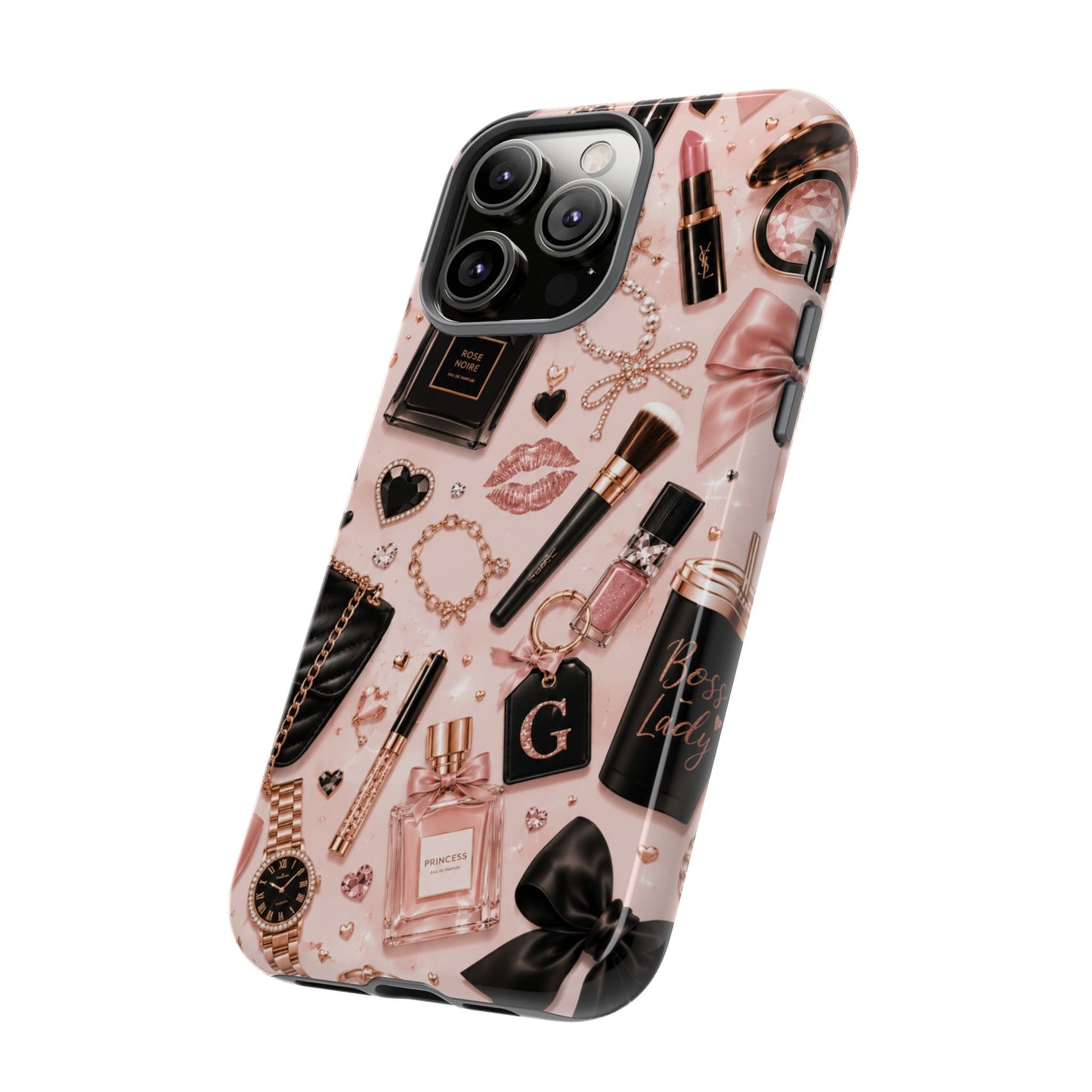 Sunflower Porch Co Glam Makeup Pattern Phone Case | Rose Gold Cosmetics, Perfume, Lipstick
