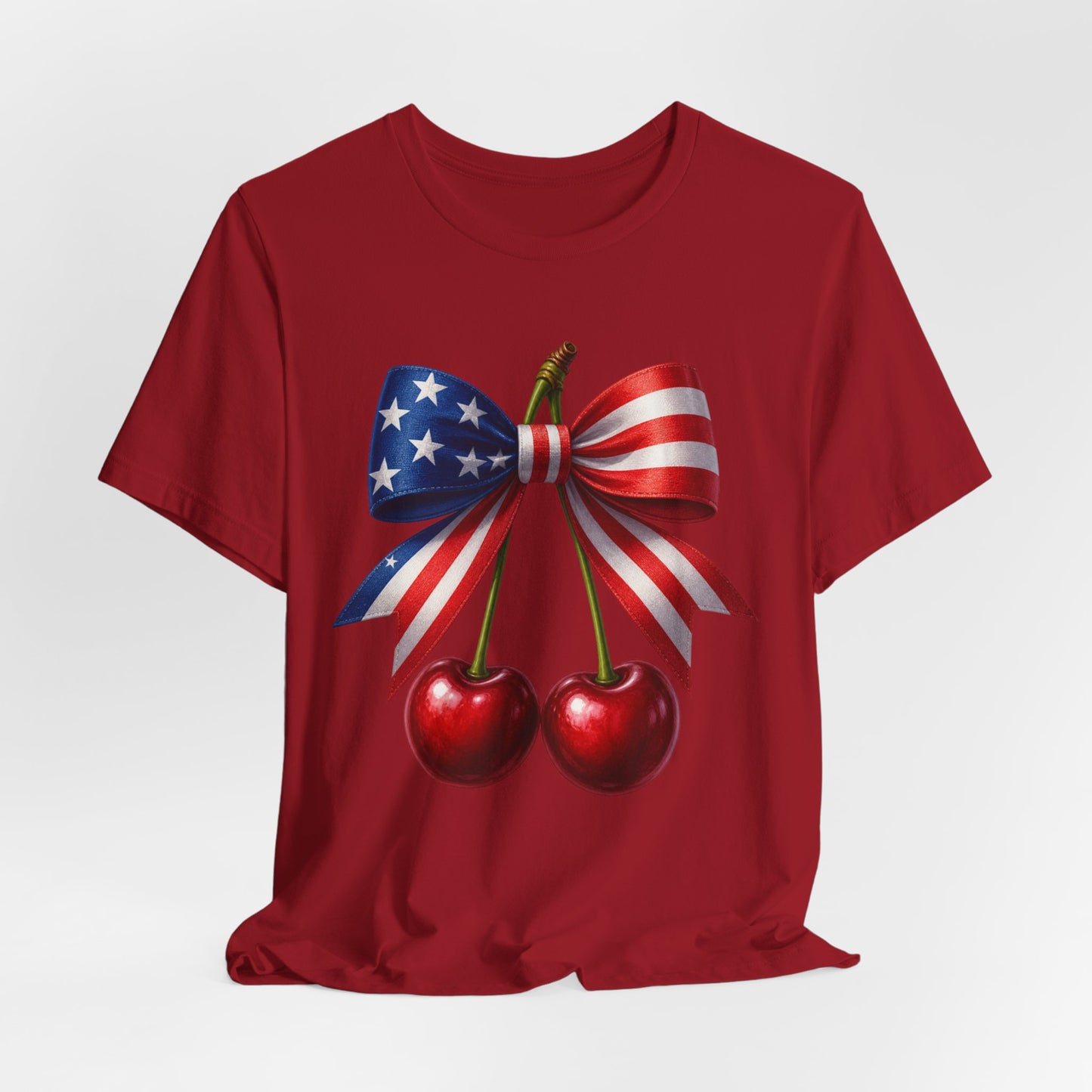 SunflowerPorchCo American Flag Bow with Cherries Tee | Patriotic Fourth of July Shirt