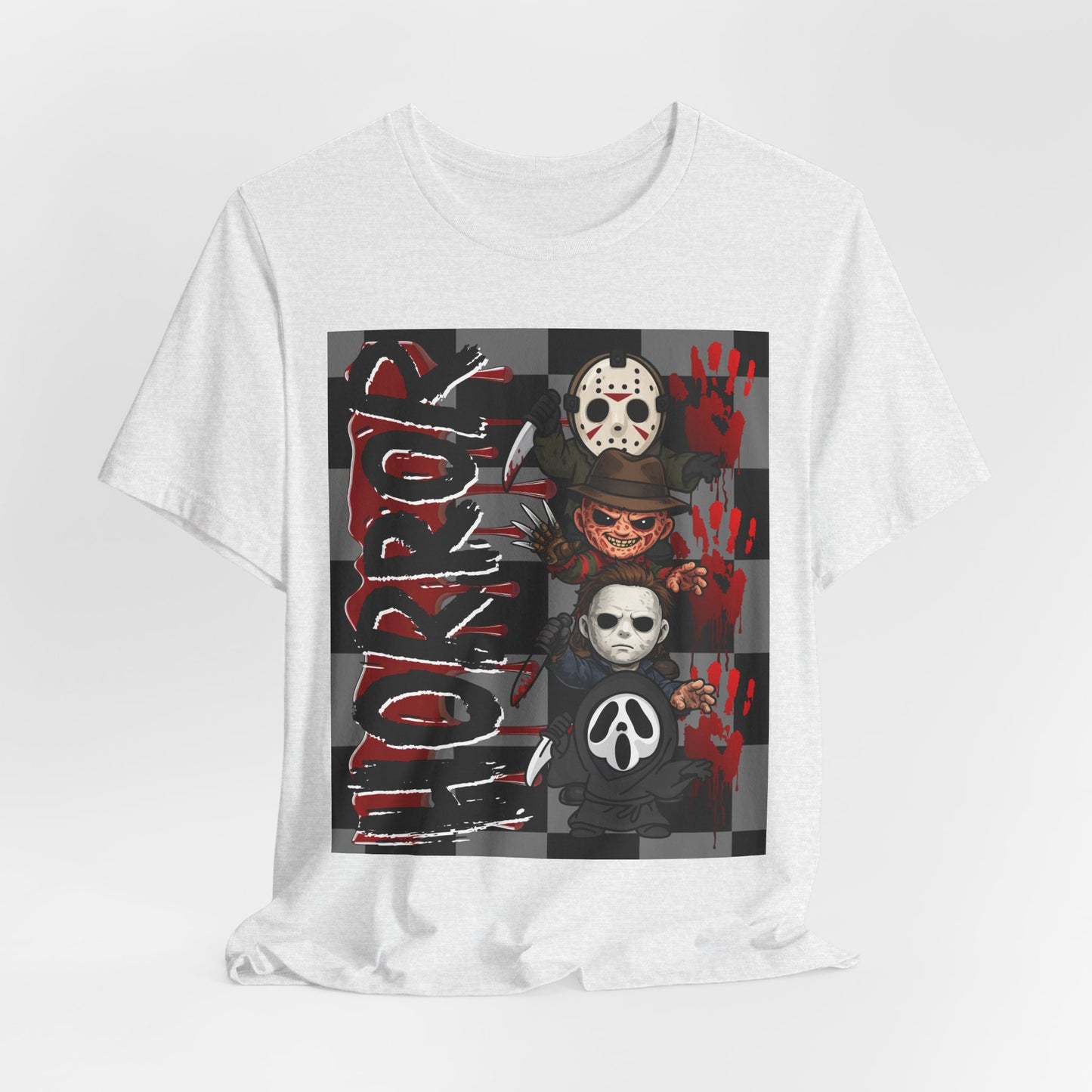 SunflowerPorchCo Horror Mask Stack T-Shirt | Slasher Masks, Blood Handprints, Creepy Checker