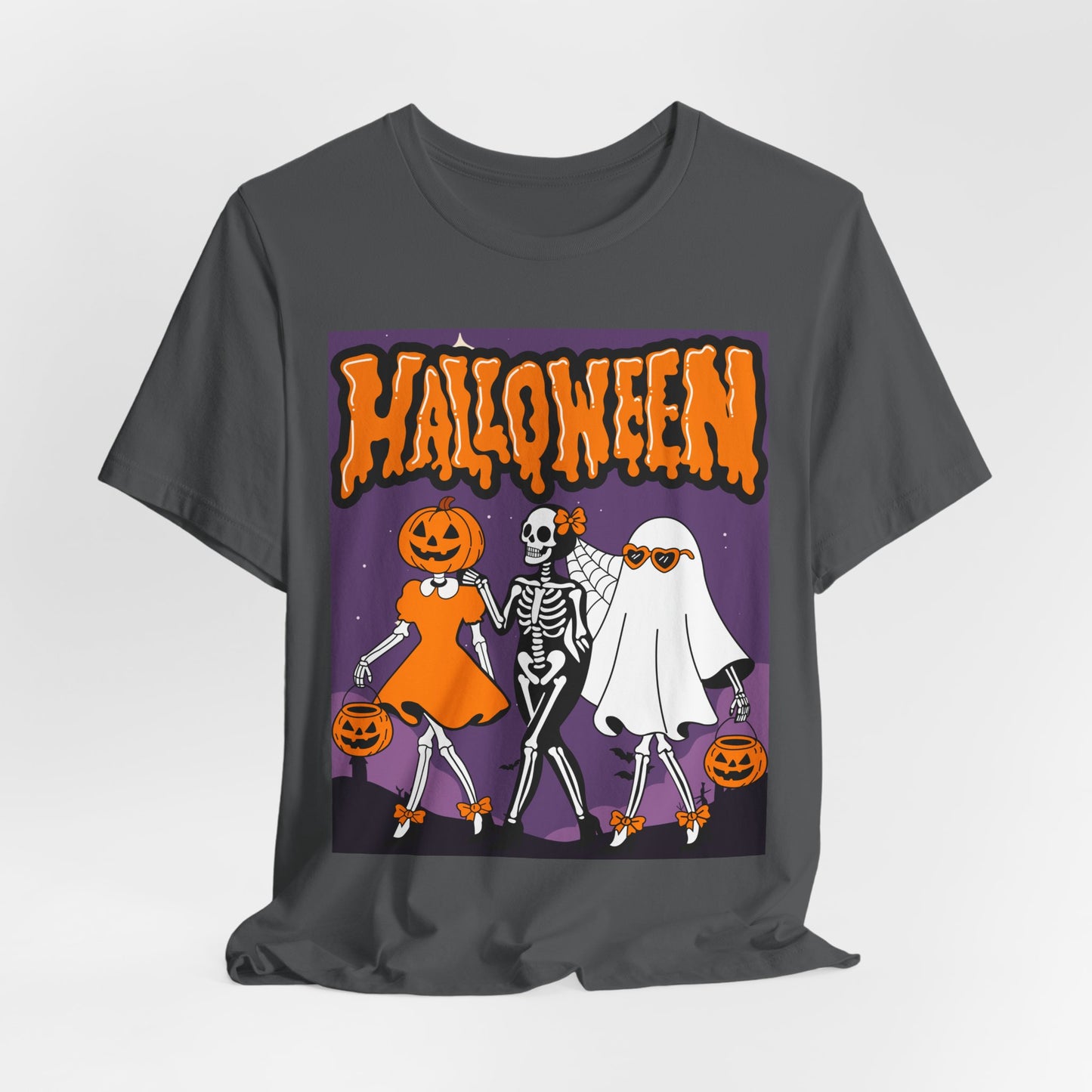SunflowerPorchCo Dancing Skeletons and Pumpkins Halloween T-Shirt | Retro Spooky Trio Tee