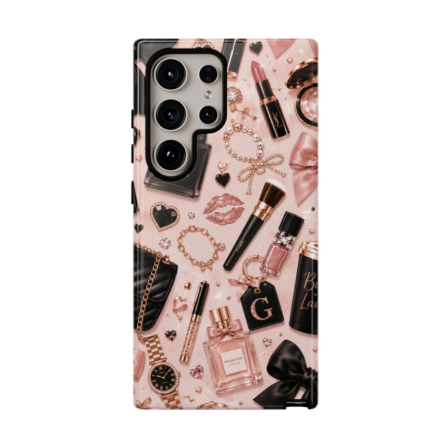 Sunflower Porch Co Glam Makeup Pattern Phone Case | Rose Gold Cosmetics, Perfume, Lipstick