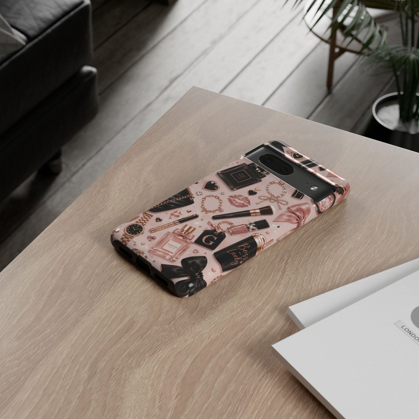 Sunflower Porch Co Glam Makeup Pattern Phone Case | Rose Gold Cosmetics, Perfume, Lipstick