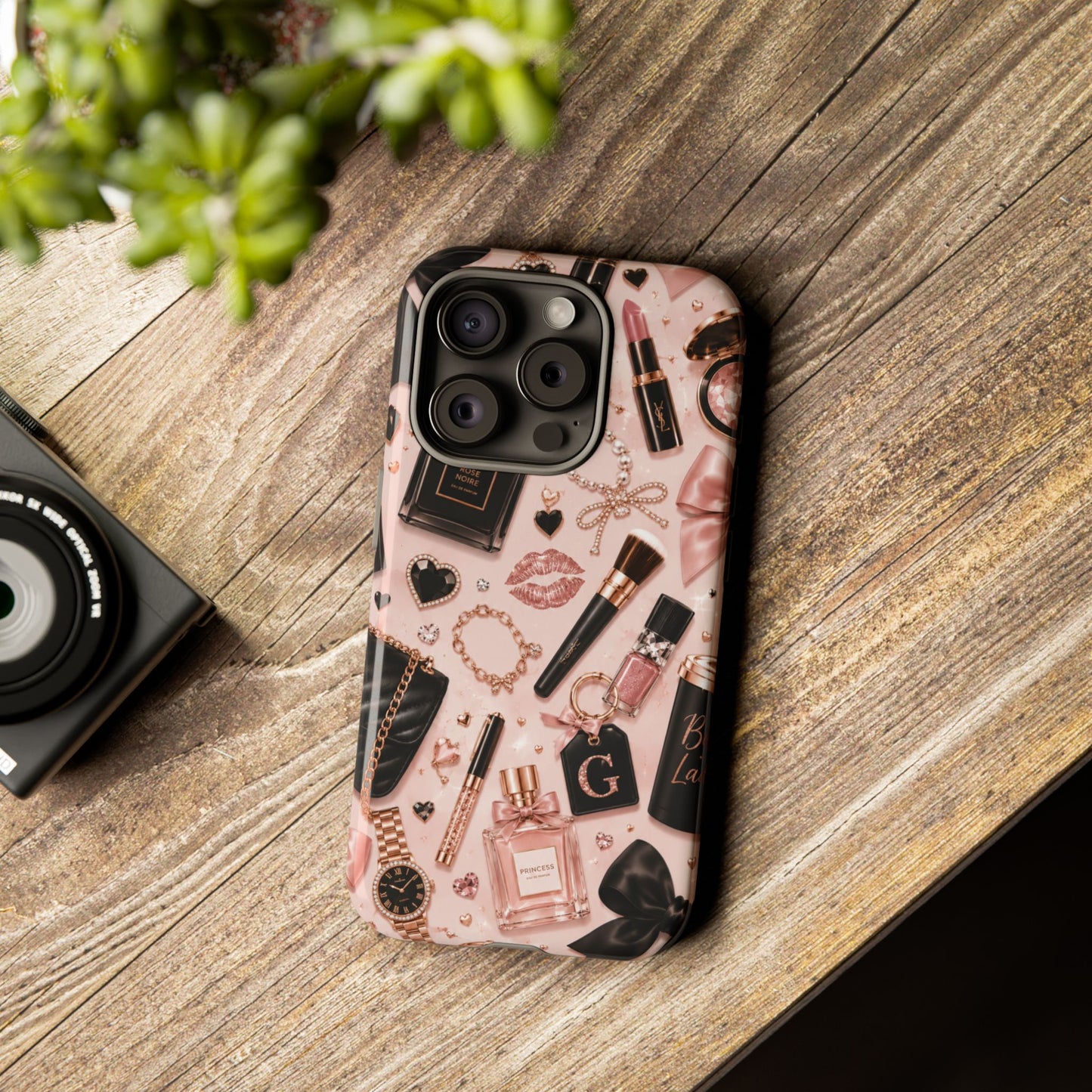 Sunflower Porch Co Glam Makeup Pattern Phone Case | Rose Gold Cosmetics, Perfume, Lipstick