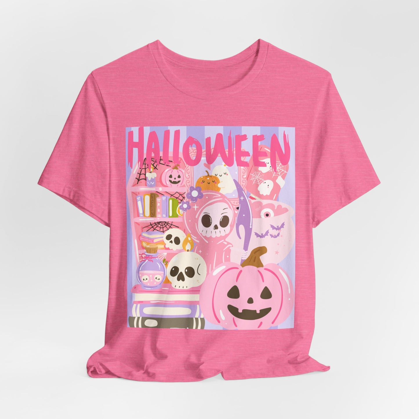 SunflowerPorchCo Pink Cute Halloween Characters Tee | Jack-o'-Lantern Skulls Candy
