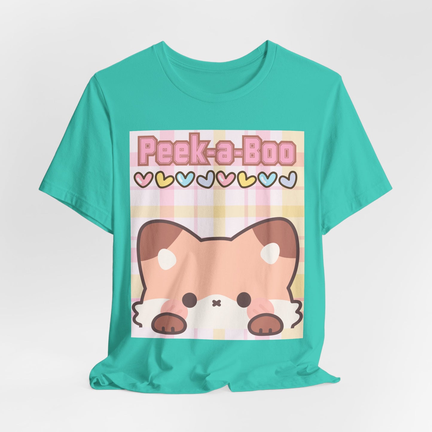 SunflowerPorchCo Peek-a-Boo Kawaii Fox Tee | Cute Pastel Hearts Plaid Shirt