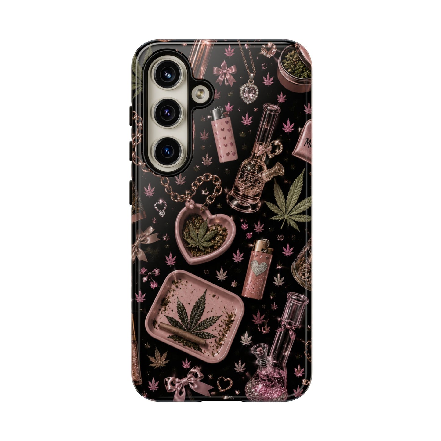 Sunflower Porch Co Pink Cannabis Pattern Tough Case | Weed Leaf Phone Case, Grinder & Lighter Design