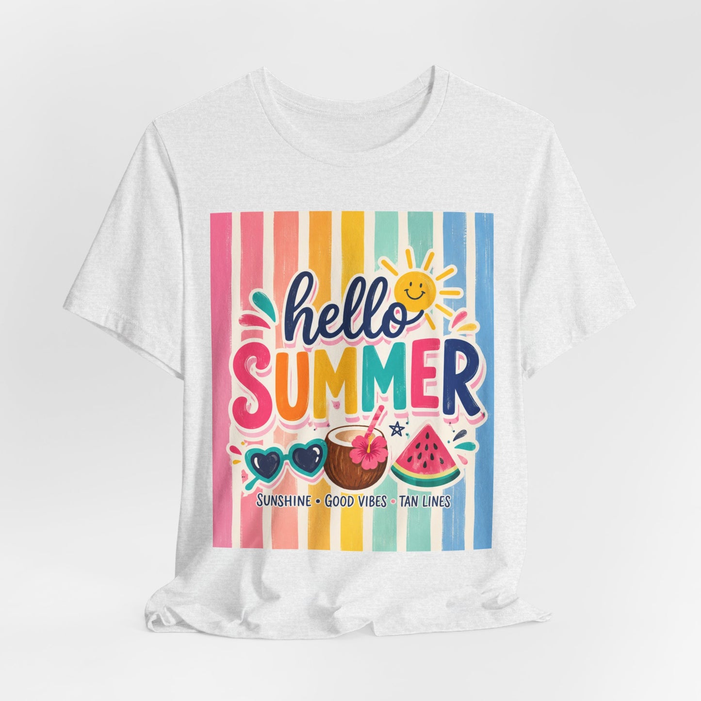 Sunflower Porch Co. Hello Summer Tee - Colorful Stripes, Sunshine & Watermelon Graphic