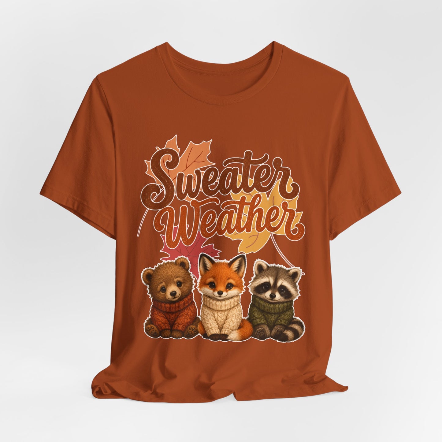 Sweater Weather woodland animals Tee | Fox Bear Raccoon fall leaves