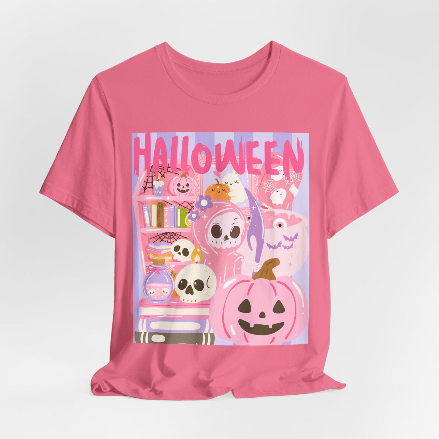 SunflowerPorchCo Pink Cute Halloween Characters Tee | Jack-o'-Lantern Skulls Candy