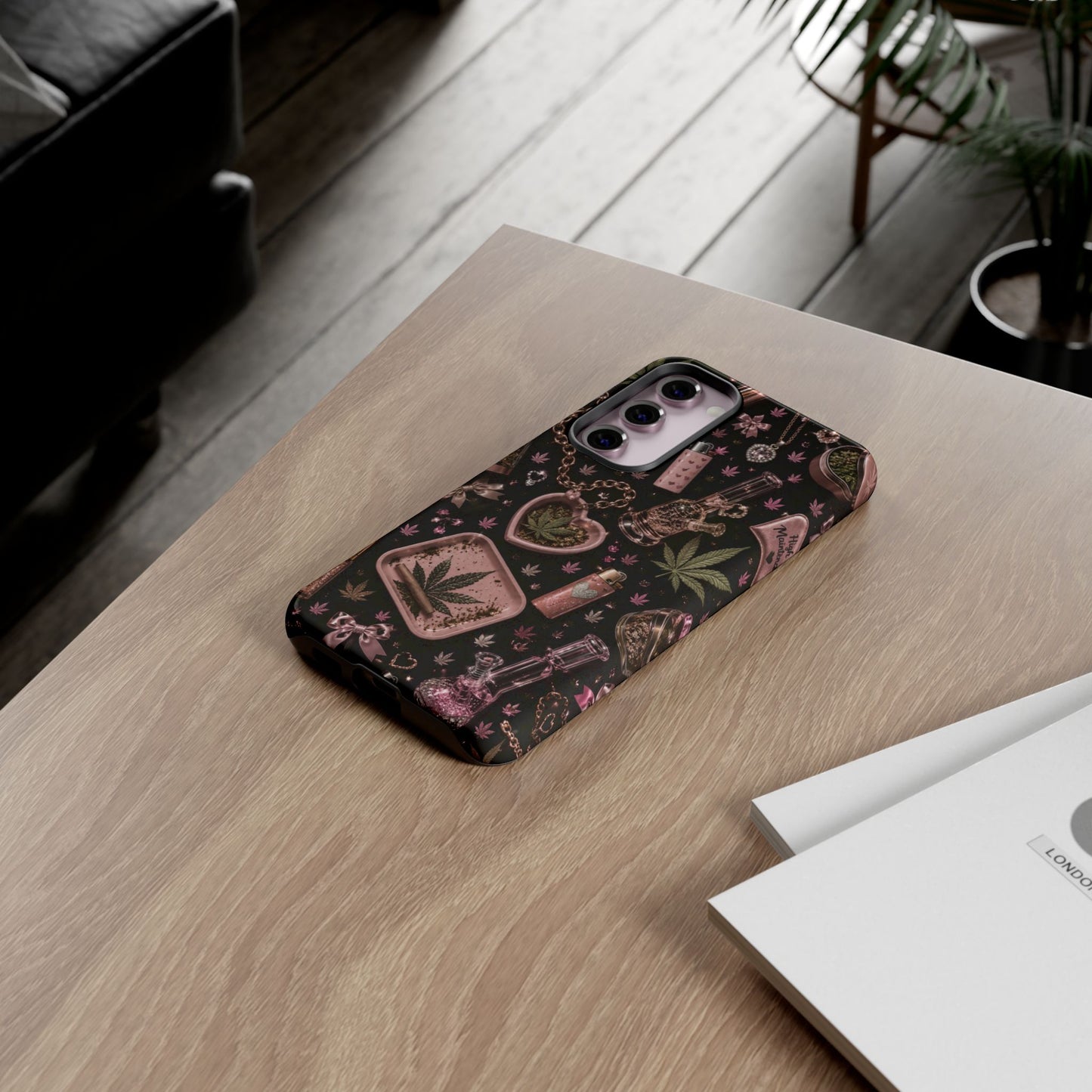 Sunflower Porch Co Pink Cannabis Pattern Tough Case | Weed Leaf Phone Case, Grinder & Lighter Design