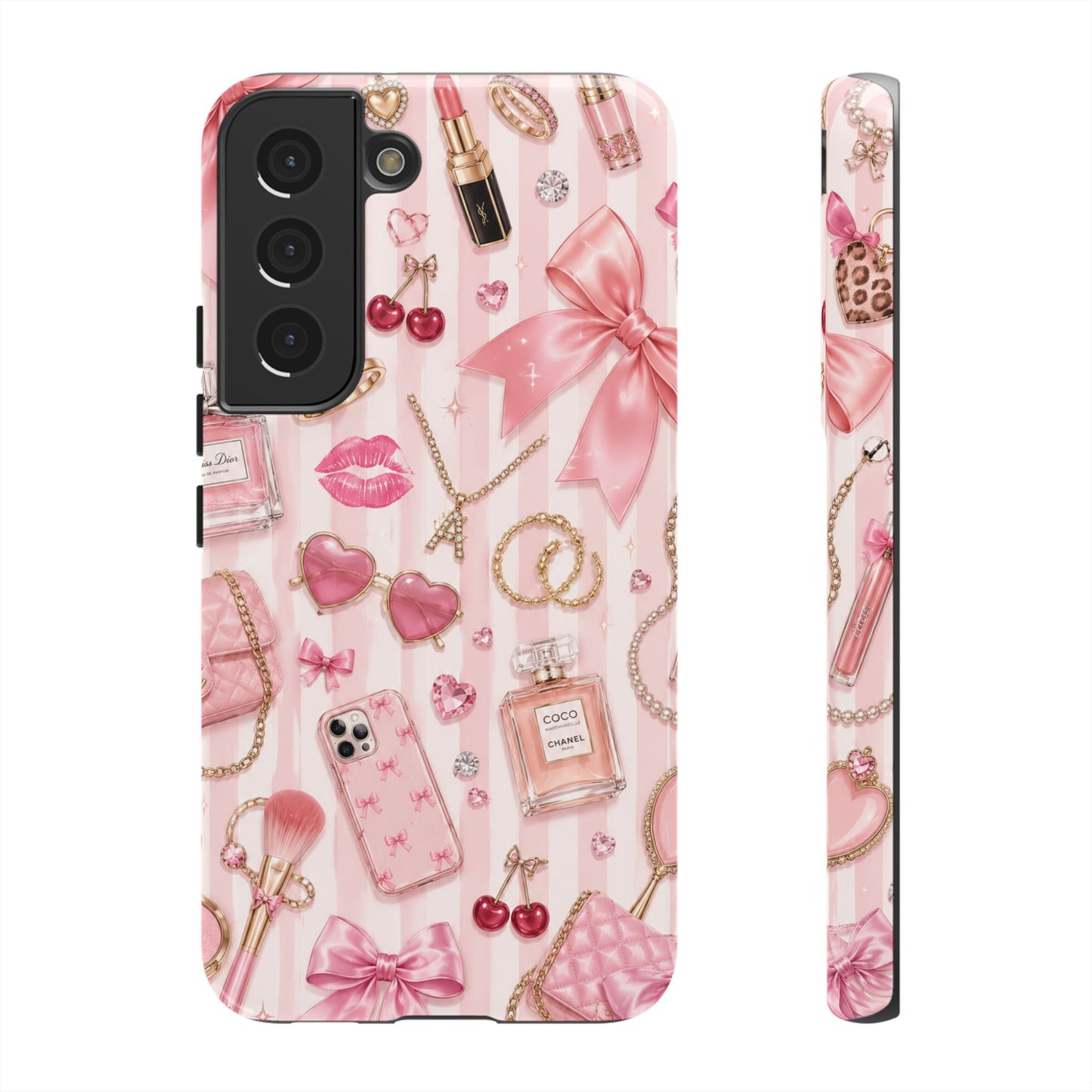 Pink Glam Pattern phone case | Makeup, bows, perfume, lipstick design