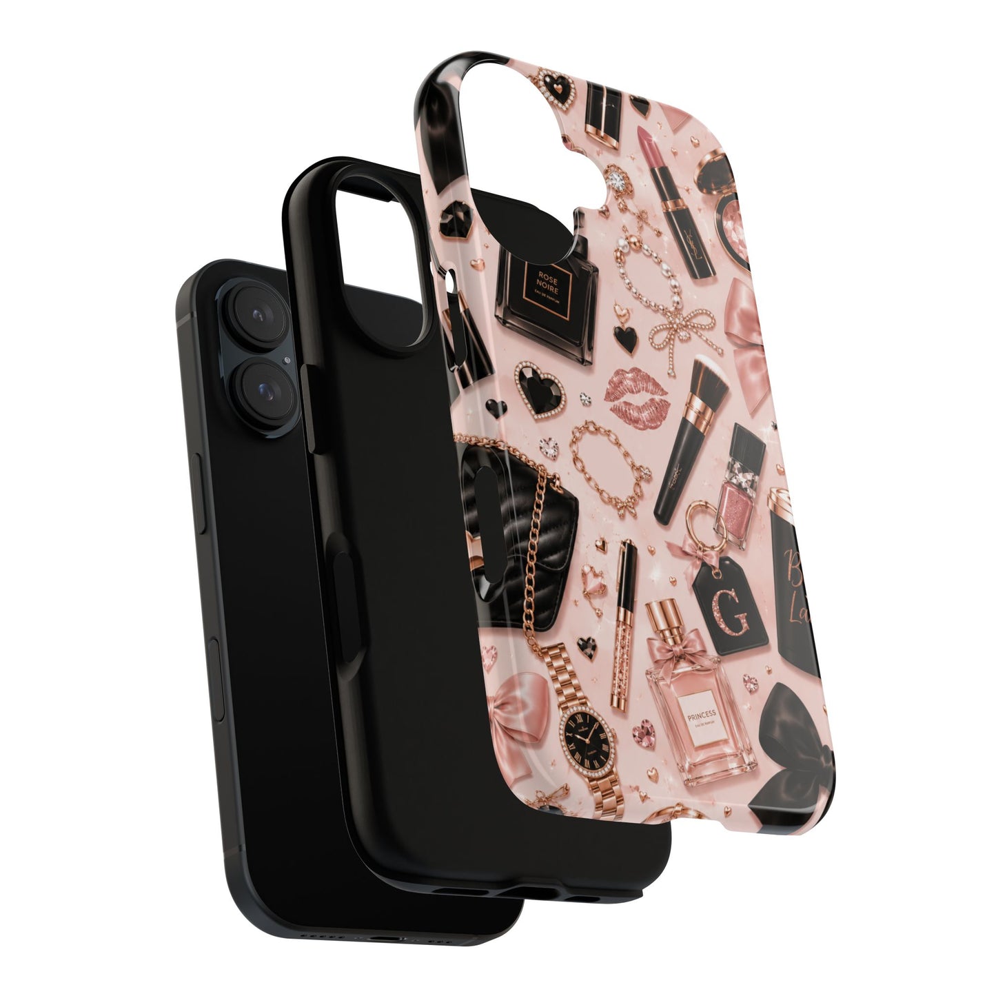 Sunflower Porch Co Glam Makeup Pattern Phone Case | Rose Gold Cosmetics, Perfume, Lipstick