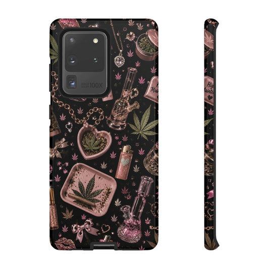 Sunflower Porch Co Pink Cannabis Pattern Tough Case | Weed Leaf Phone Case, Grinder & Lighter Design