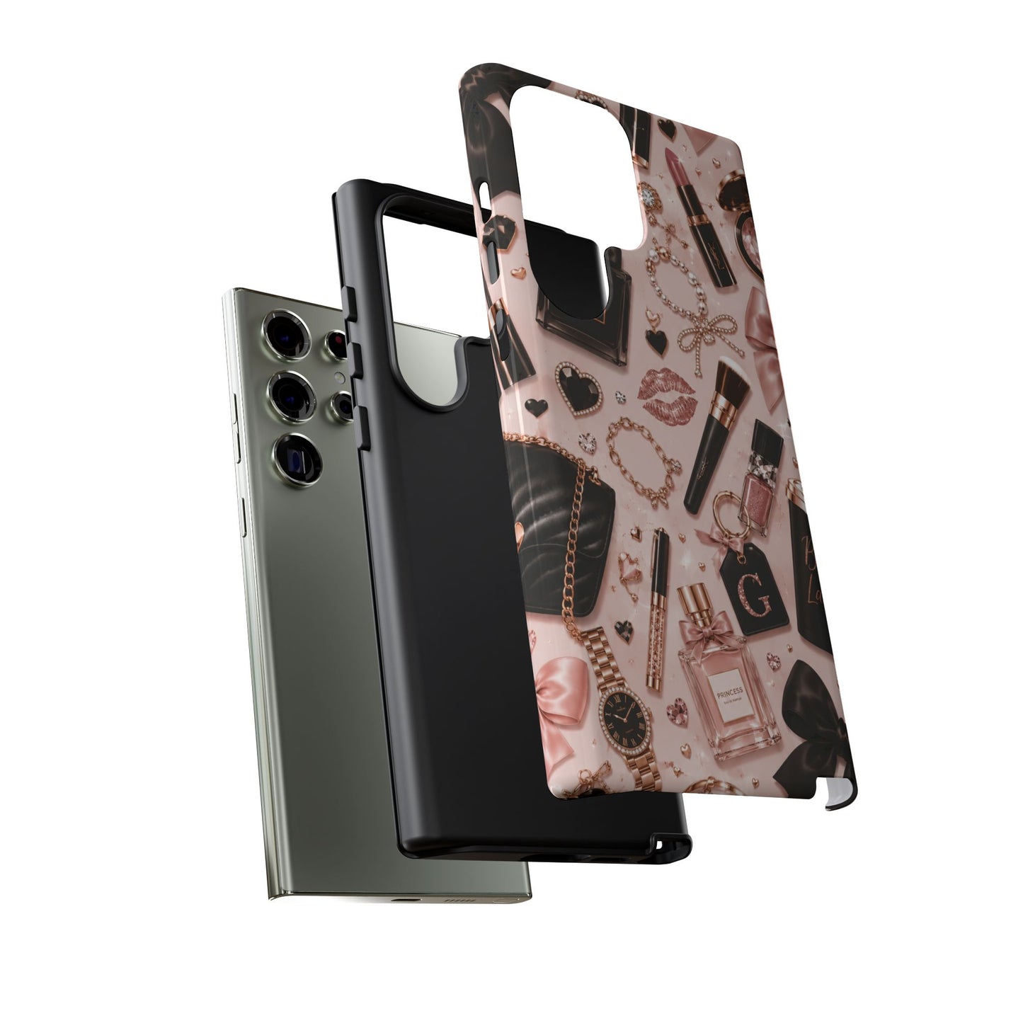 Sunflower Porch Co Glam Makeup Pattern Phone Case | Rose Gold Cosmetics, Perfume, Lipstick
