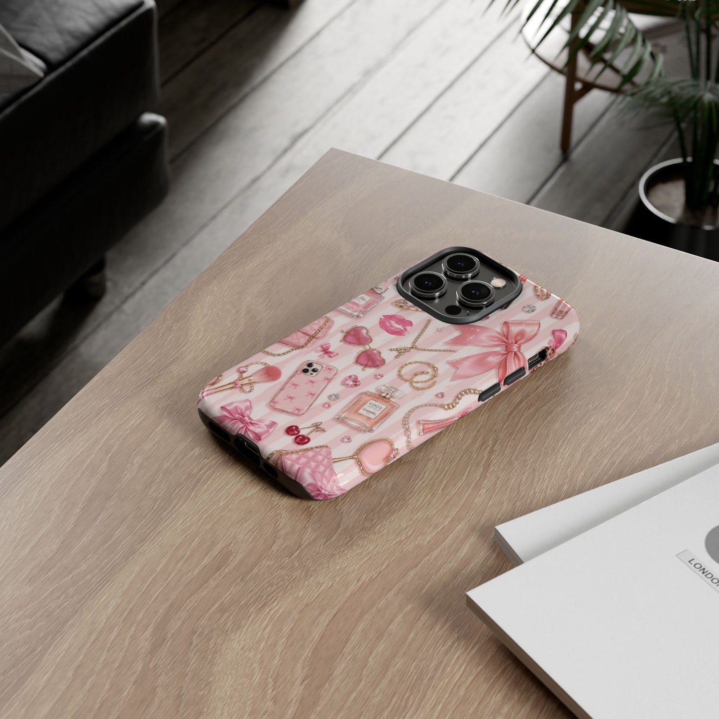 Pink Glam Pattern phone case | Makeup, bows, perfume, lipstick design