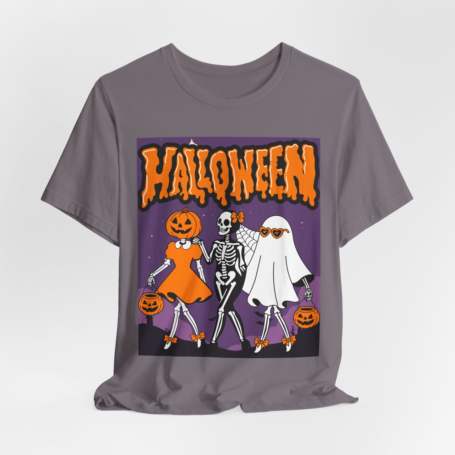 SunflowerPorchCo Dancing Skeletons and Pumpkins Halloween T-Shirt | Retro Spooky Trio Tee