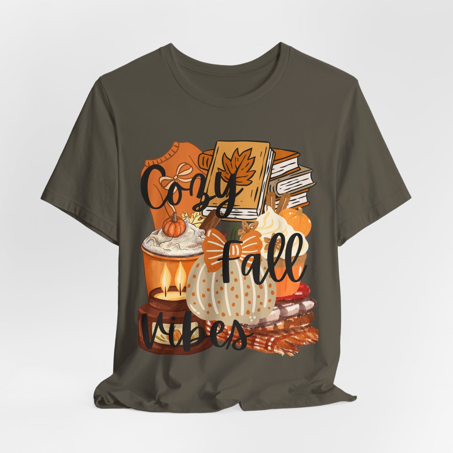 SunflowerPorchCo Cozy Fall Vibes T-Shirt | Pumpkin Books Candle Autumn Tee