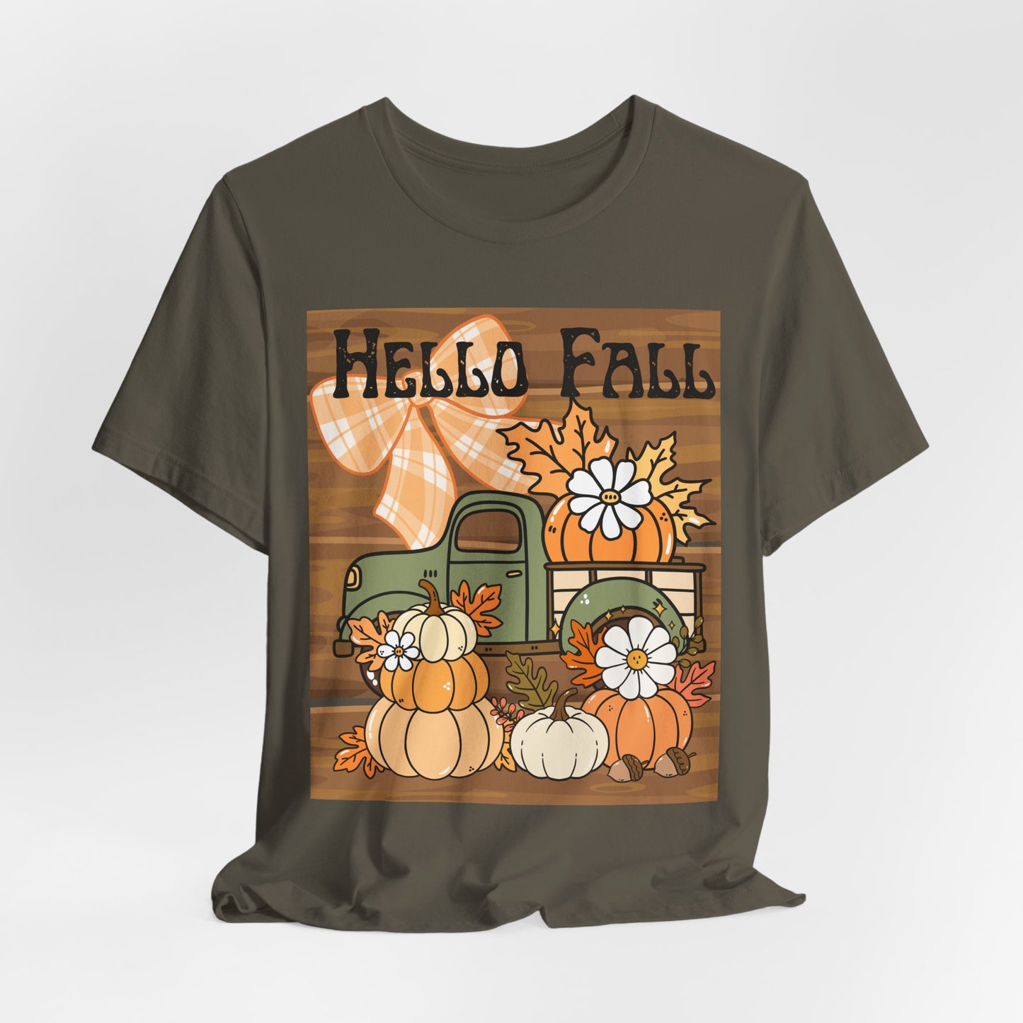 SunflowerPorchCo Hello Fall Pumpkin Truck Tee | Autumn Pumpkins, Plaid Bow, Rustic Wood