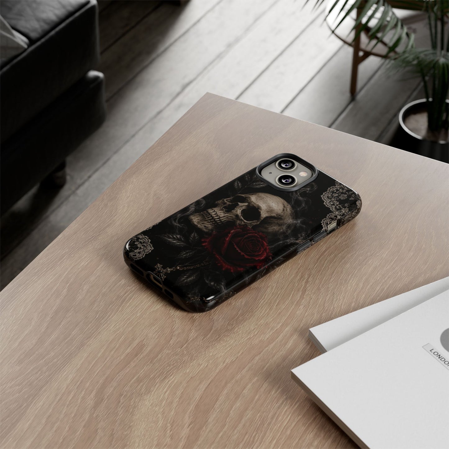Sunflower Porch Co Skull with Red Rose phone case | Tough Cases