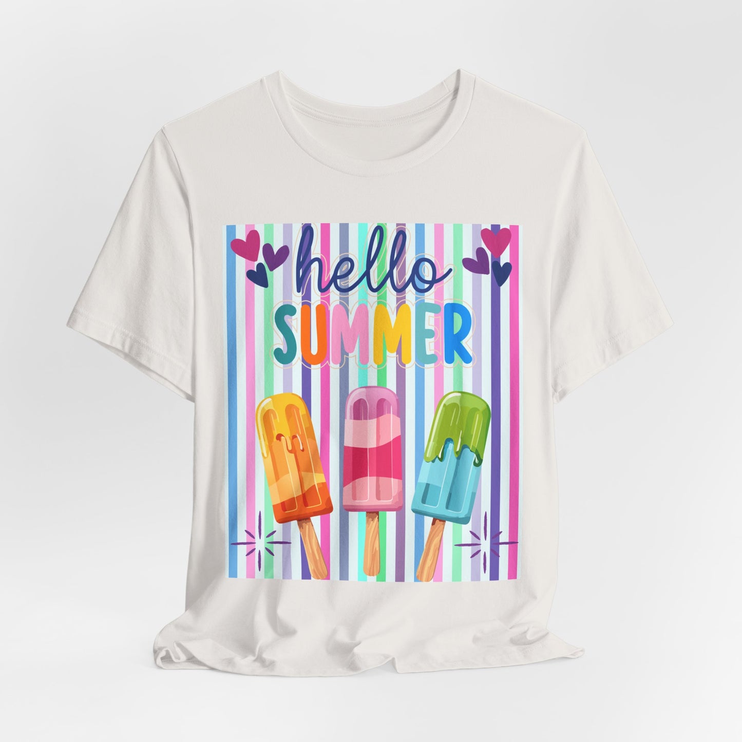 Sunflower Porch Co Hello Summer Popsicles T-Shirt | Colorful Stripes, Cute Ice Cream Design