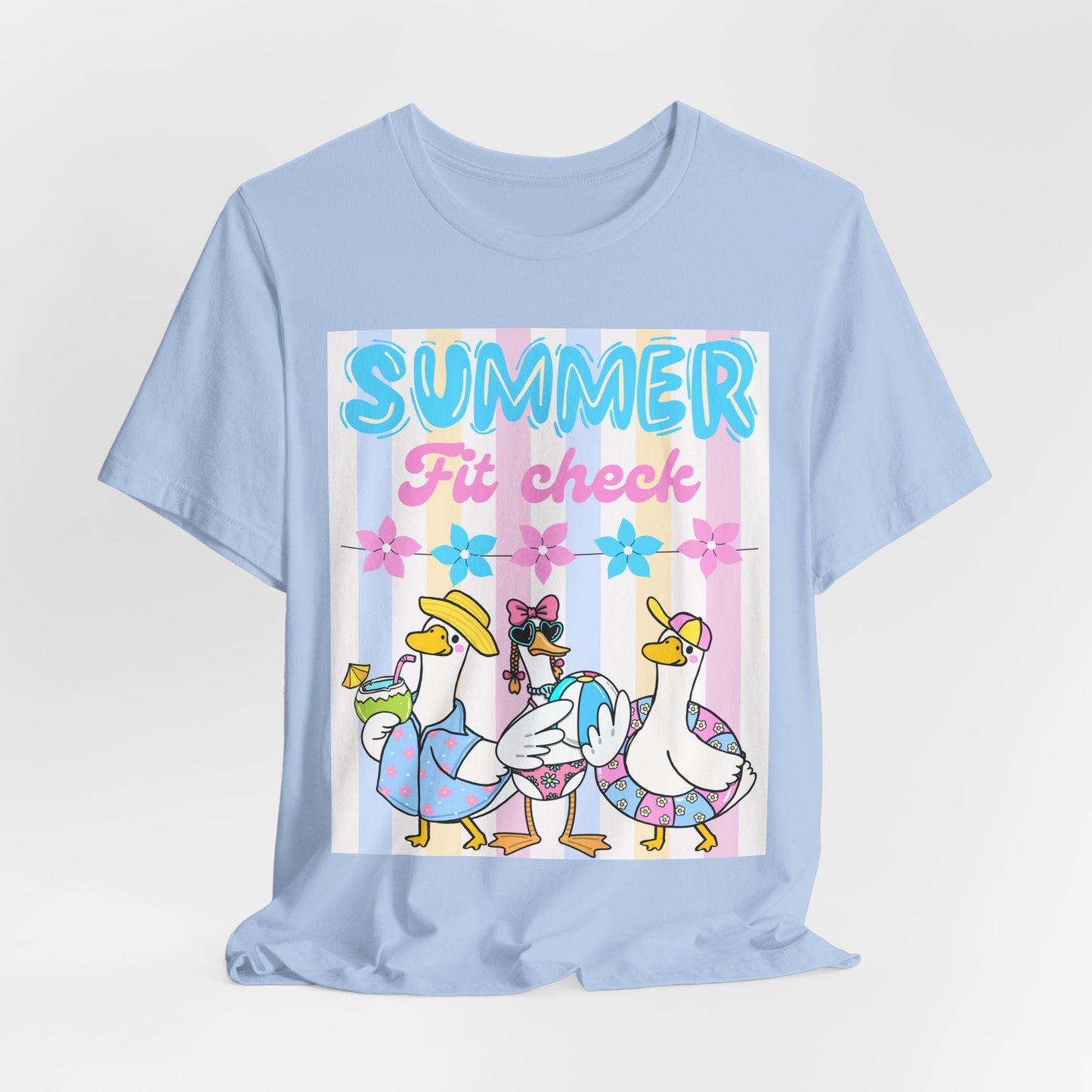SunflowerPorchCo Summer Fit Check Tee | Cartoon Ducks in Sunglasses, Pastel Beach Vibes