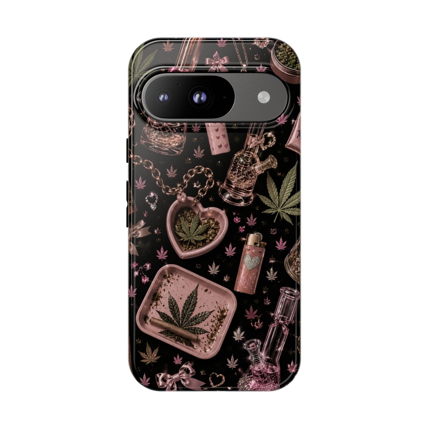 Sunflower Porch Co Pink Cannabis Pattern Tough Case | Weed Leaf Phone Case, Grinder & Lighter Design
