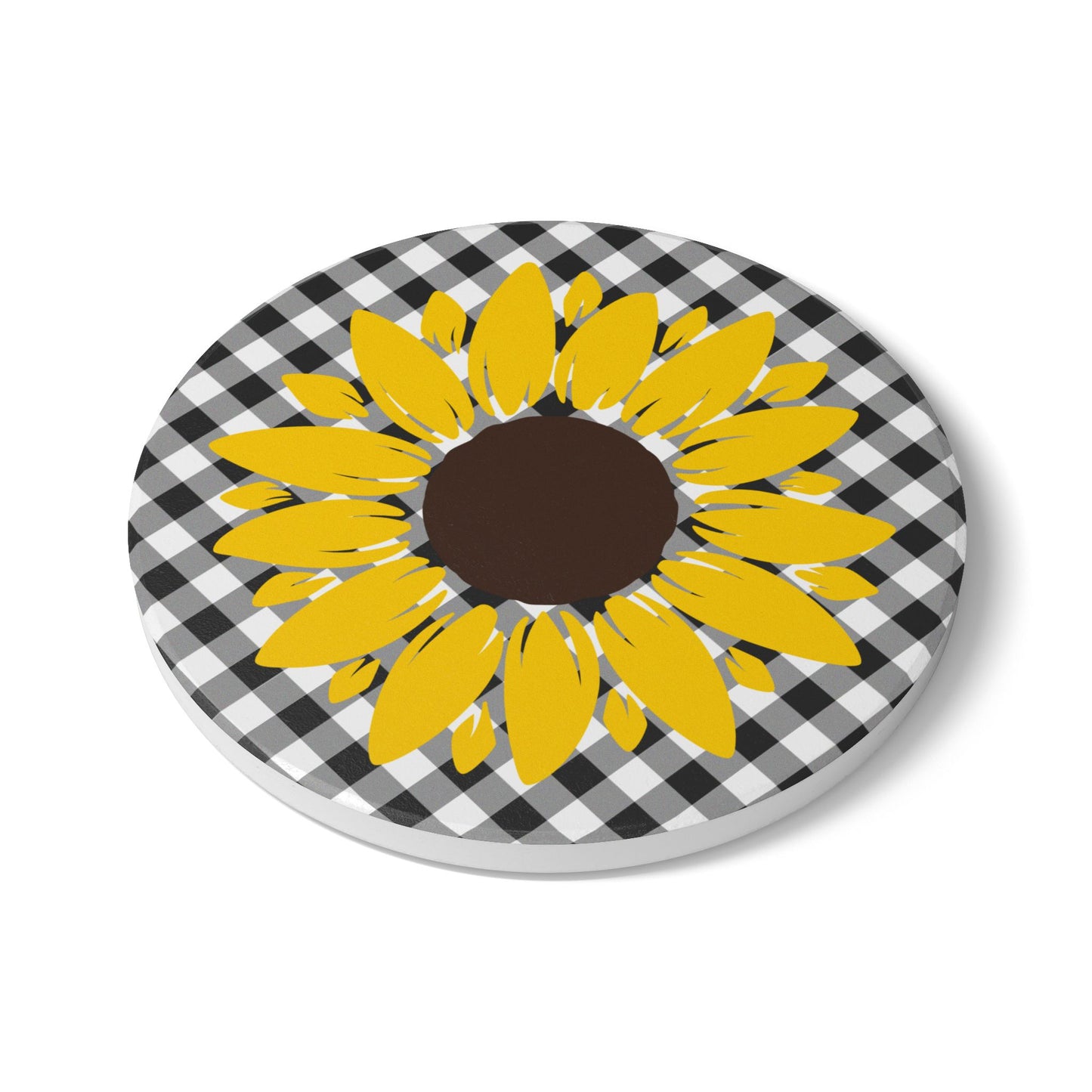 Yellow Sunflower on Buffalo Check Ceramic Coaster | Cork Back