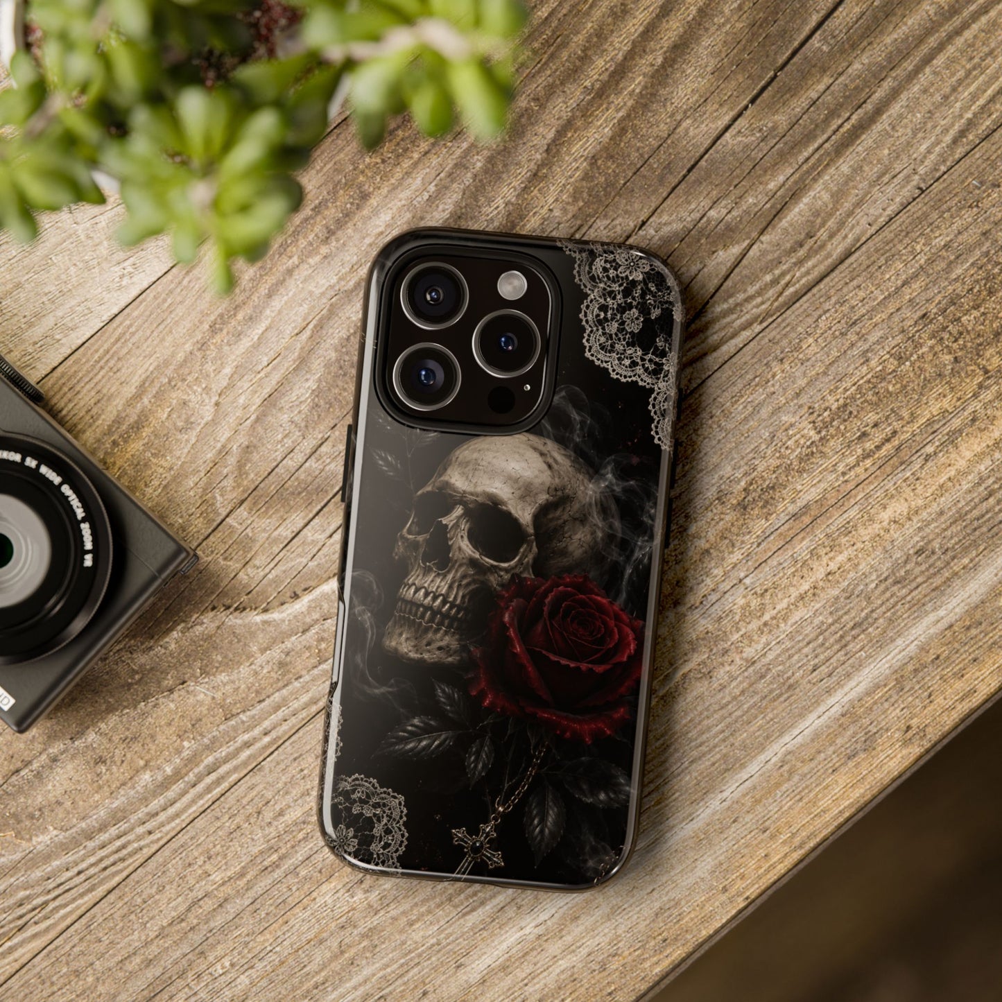 Sunflower Porch Co Skull with Red Rose phone case | Tough Cases