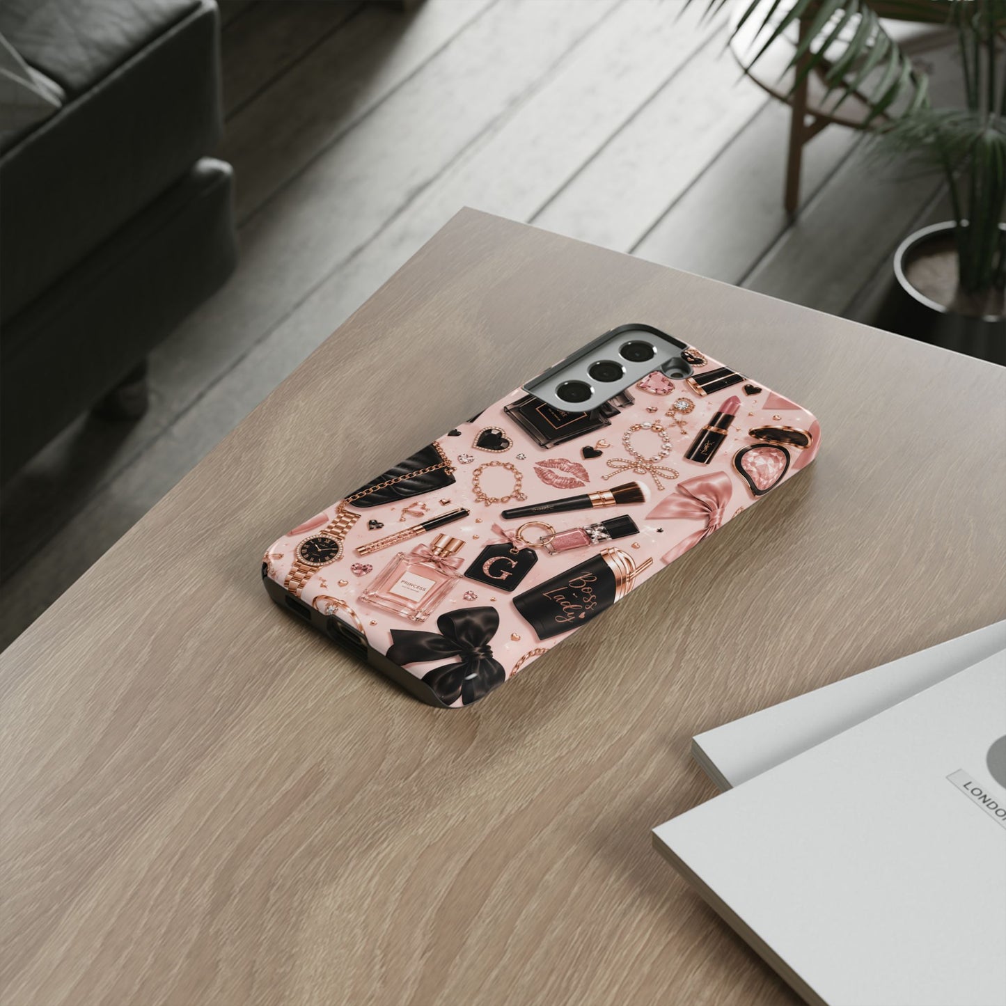 Sunflower Porch Co Glam Makeup Pattern Phone Case | Rose Gold Cosmetics, Perfume, Lipstick