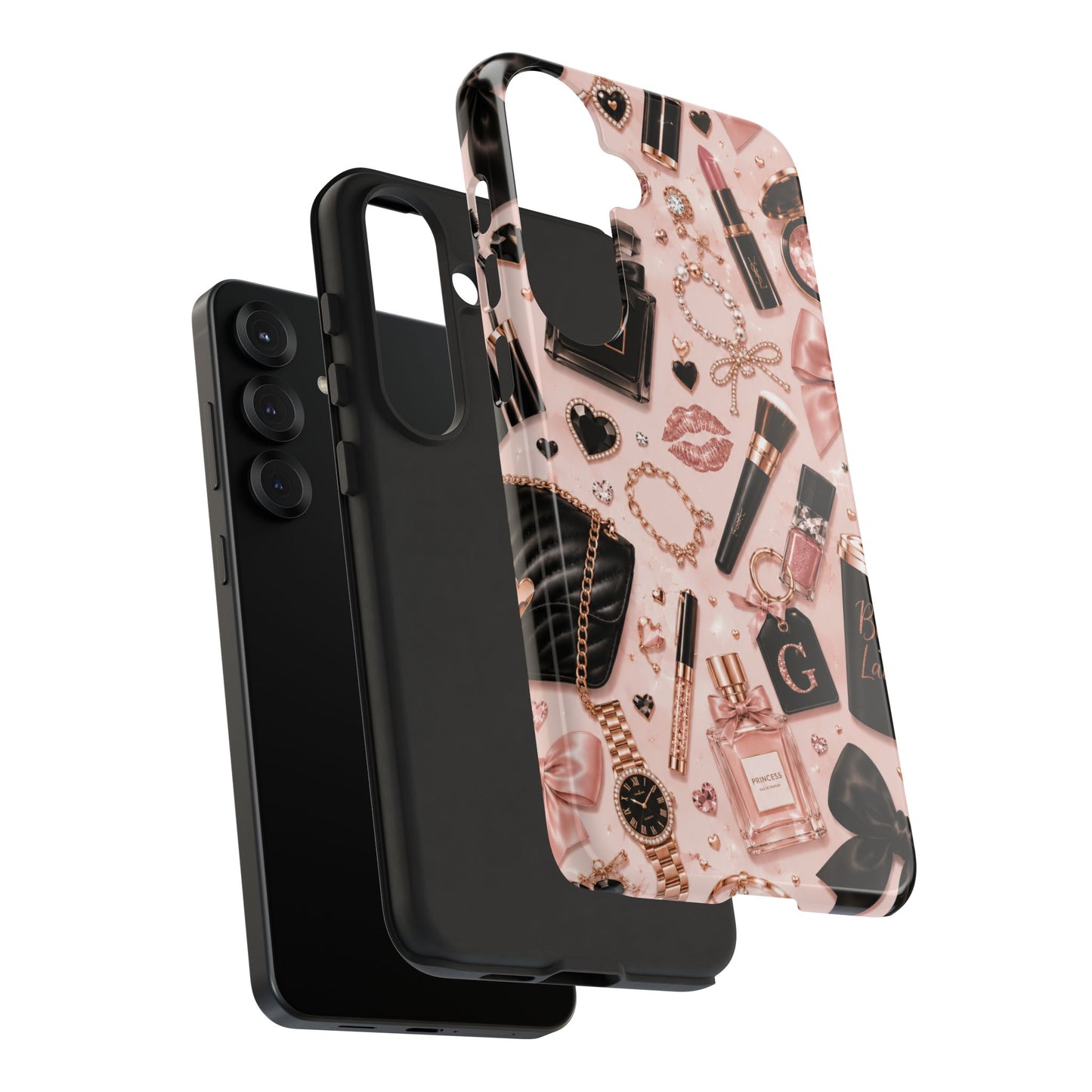 Sunflower Porch Co Glam Makeup Pattern Phone Case | Rose Gold Cosmetics, Perfume, Lipstick