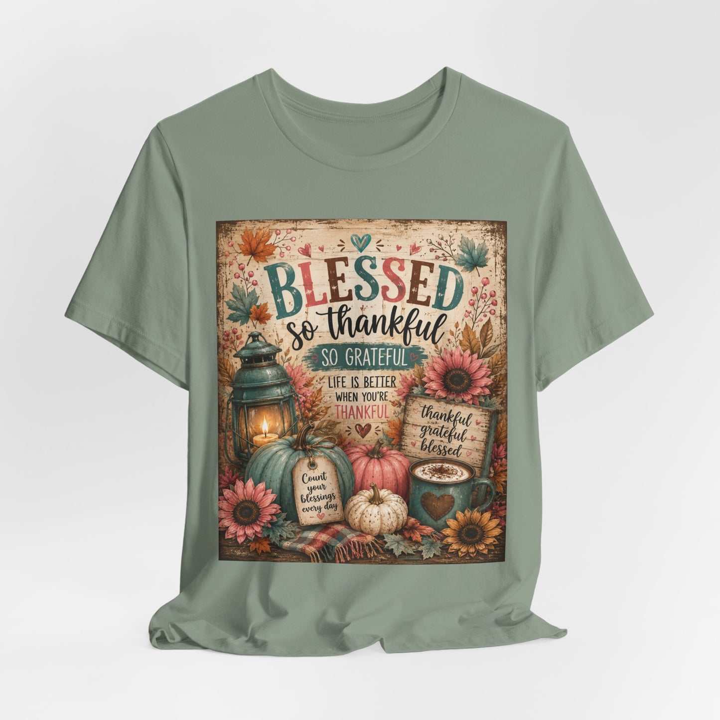 Sunflower Porch Co Blessed So Thankful Thanksgiving Tee | Fall Pumpkin Sunflower Tee