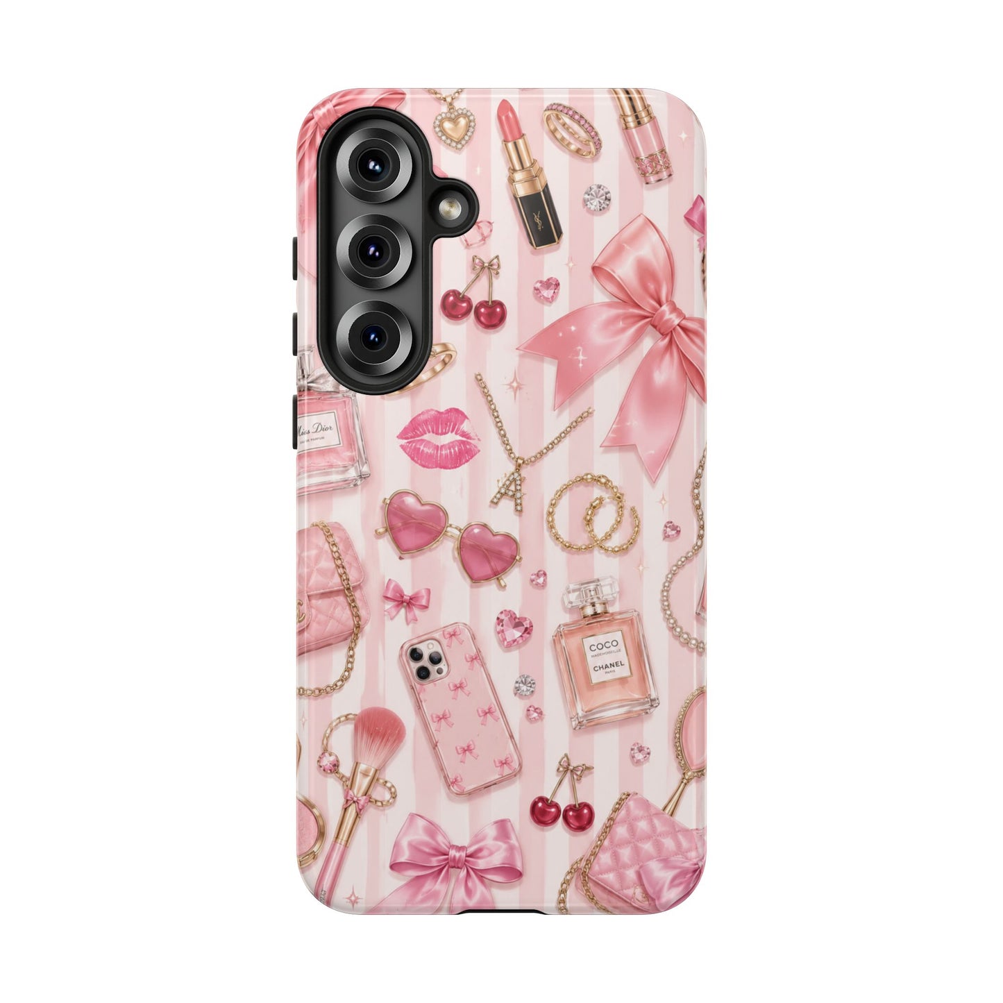 Pink Glam Pattern phone case | Makeup, bows, perfume, lipstick design