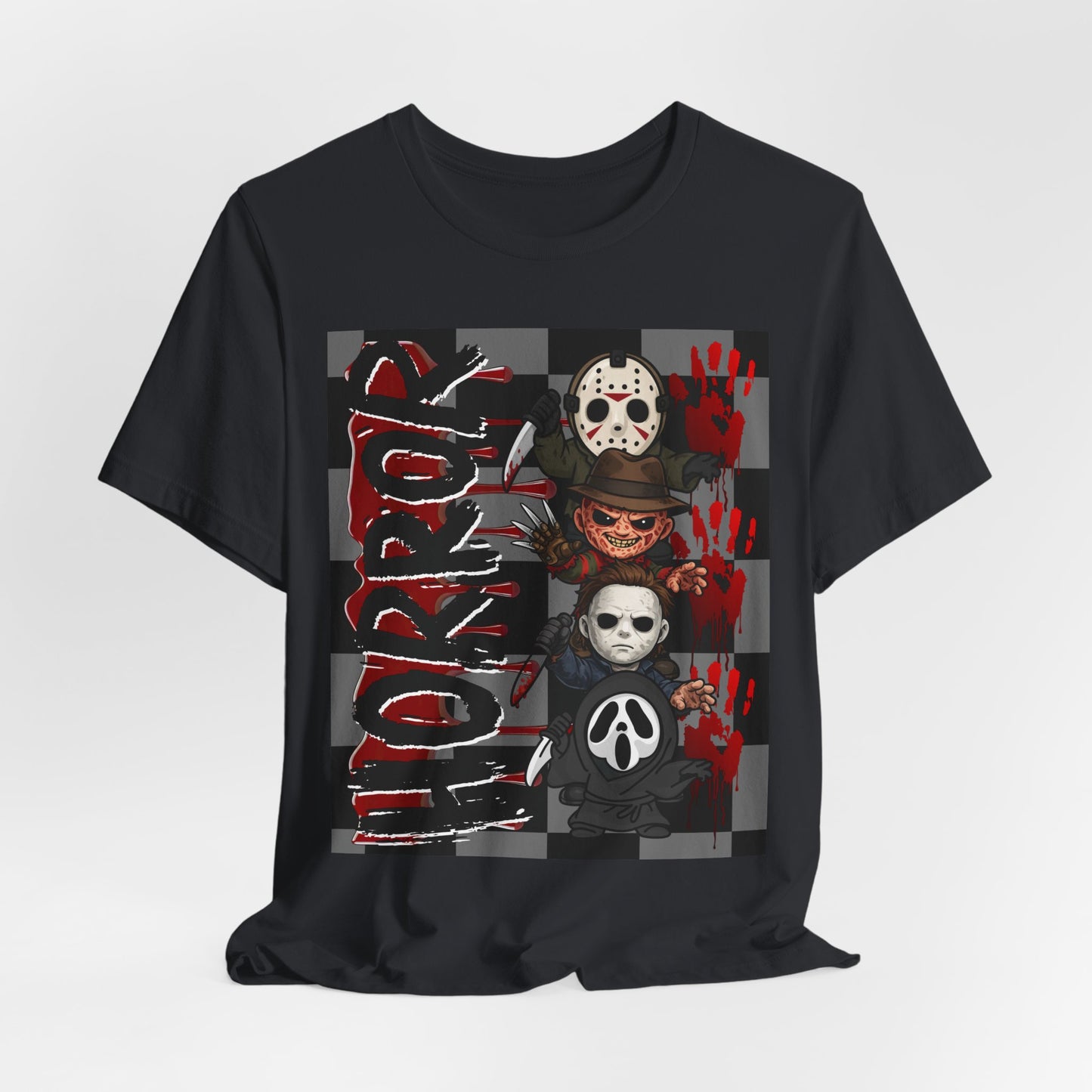 SunflowerPorchCo Horror Mask Stack T-Shirt | Slasher Masks, Blood Handprints, Creepy Checker