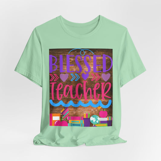 Sunflower Porch Co Blessed Teacher T-Shirt - Colorful School Supplies Graphic Tee for Educators