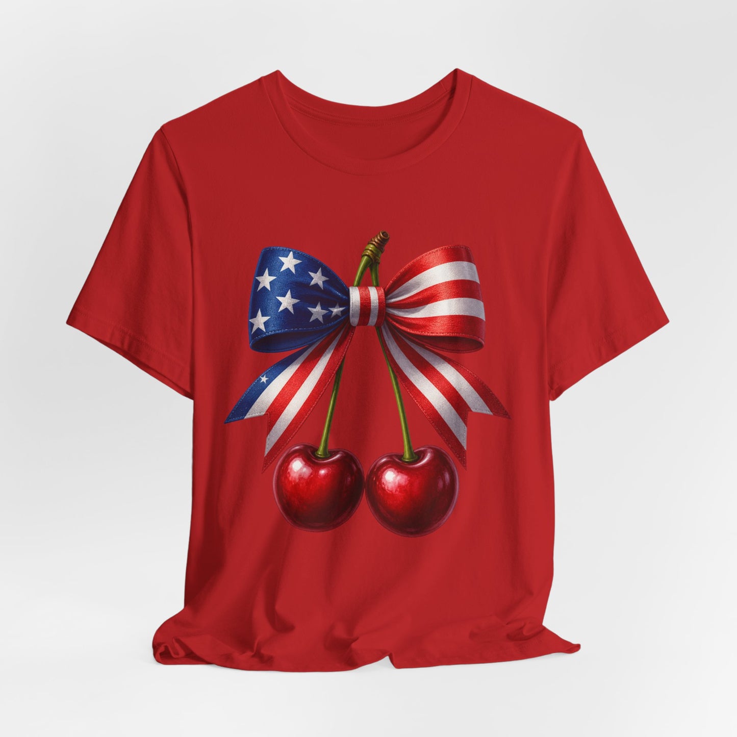 SunflowerPorchCo American Flag Bow with Cherries Tee | Patriotic Fourth of July Shirt