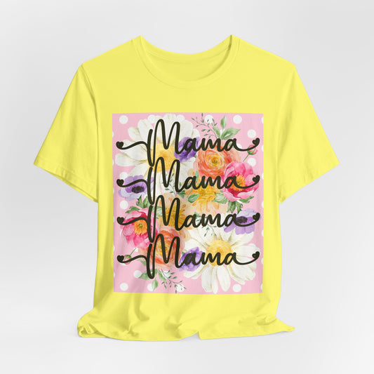 SunflowerPorchCo Mama Script Repeated Floral Tee | T-Shirt, Pink Polka Dot Background