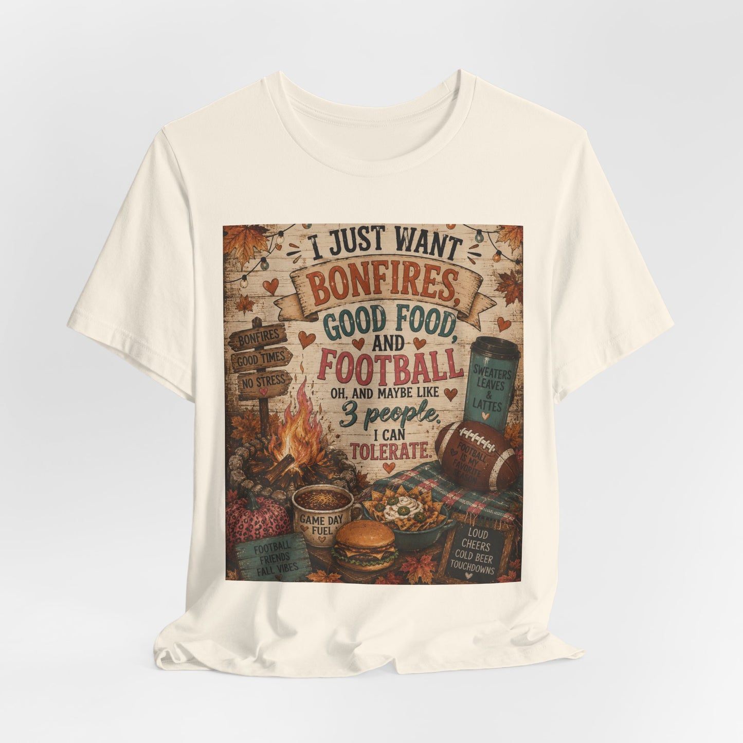 Sunflower Porch Co Bonfires Good Food and Football Tee | Fall Campfire Typography Shirt