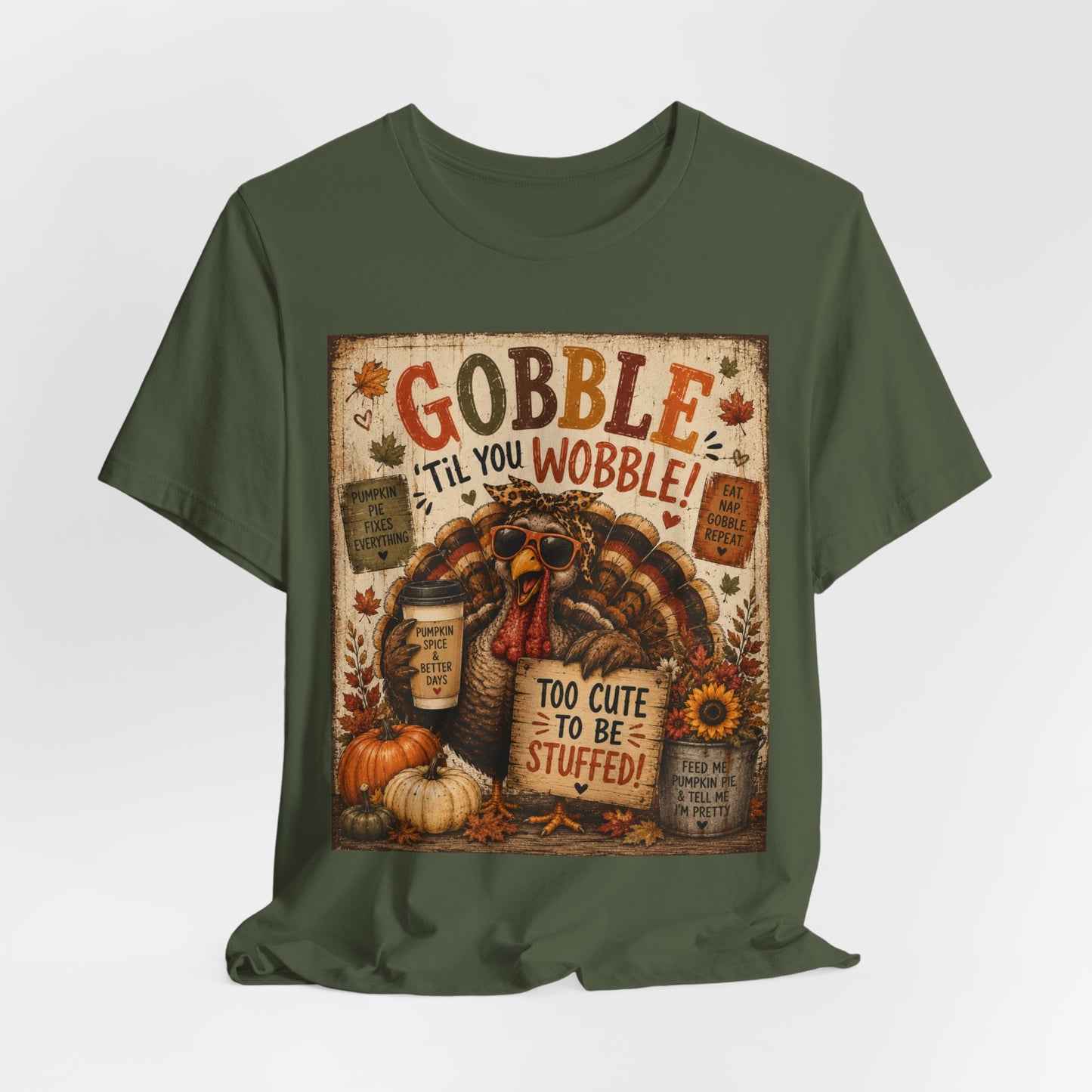 Sunflower Porch Co Gobble 'Til You Wobble Turkey graphic Tee | Thanksgiving fall pumpkin leaves