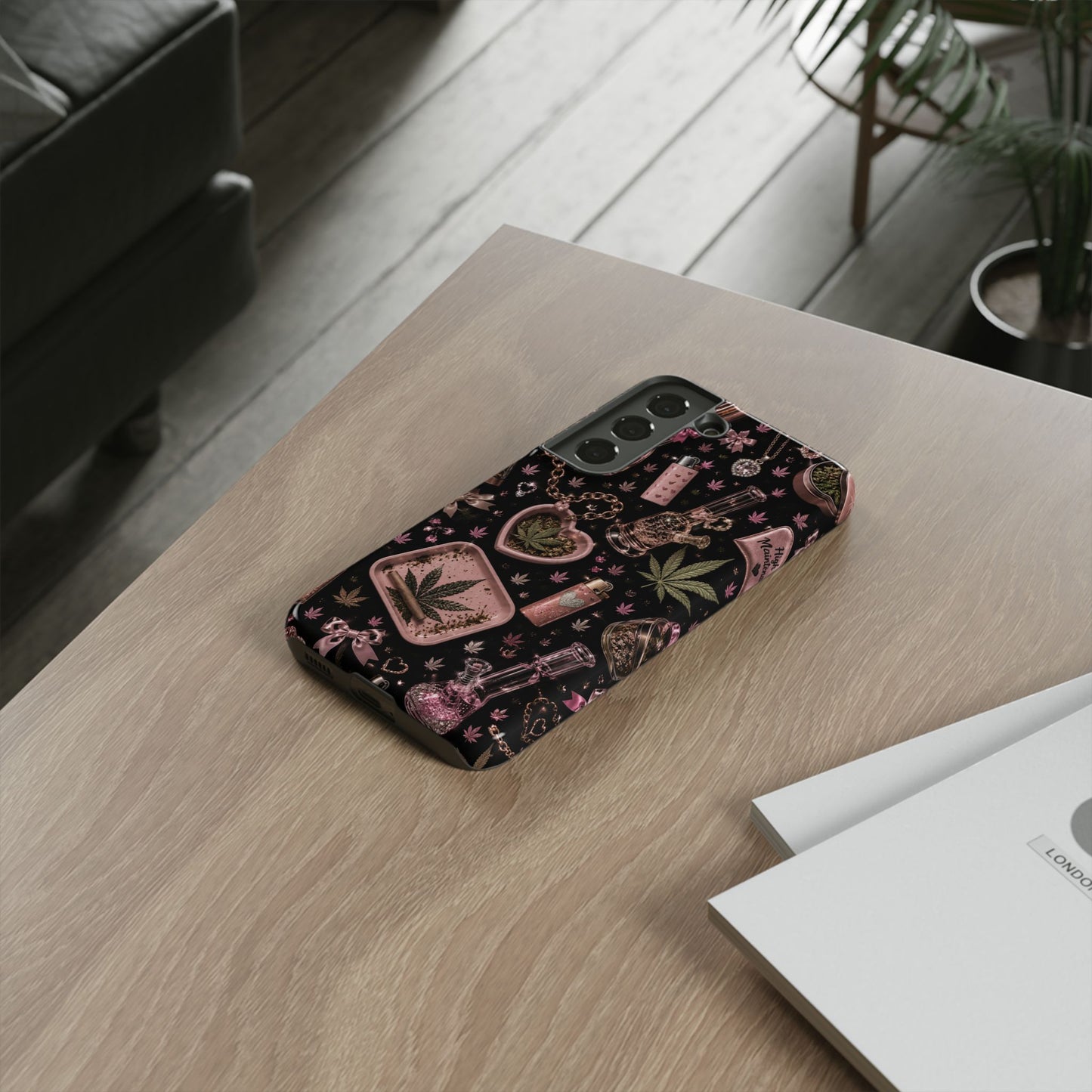 Sunflower Porch Co Pink Cannabis Pattern Tough Case | Weed Leaf Phone Case, Grinder & Lighter Design
