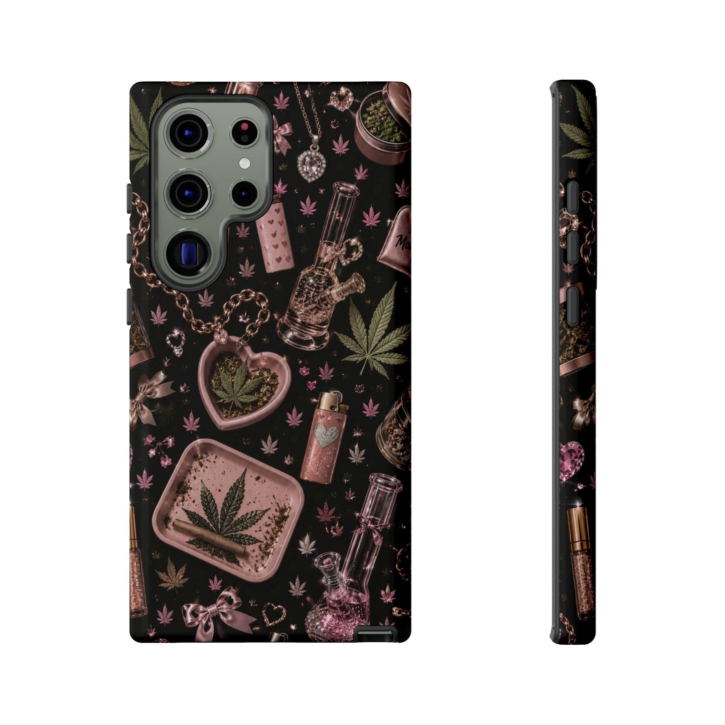 Sunflower Porch Co Pink Cannabis Pattern Tough Case | Weed Leaf Phone Case, Grinder & Lighter Design