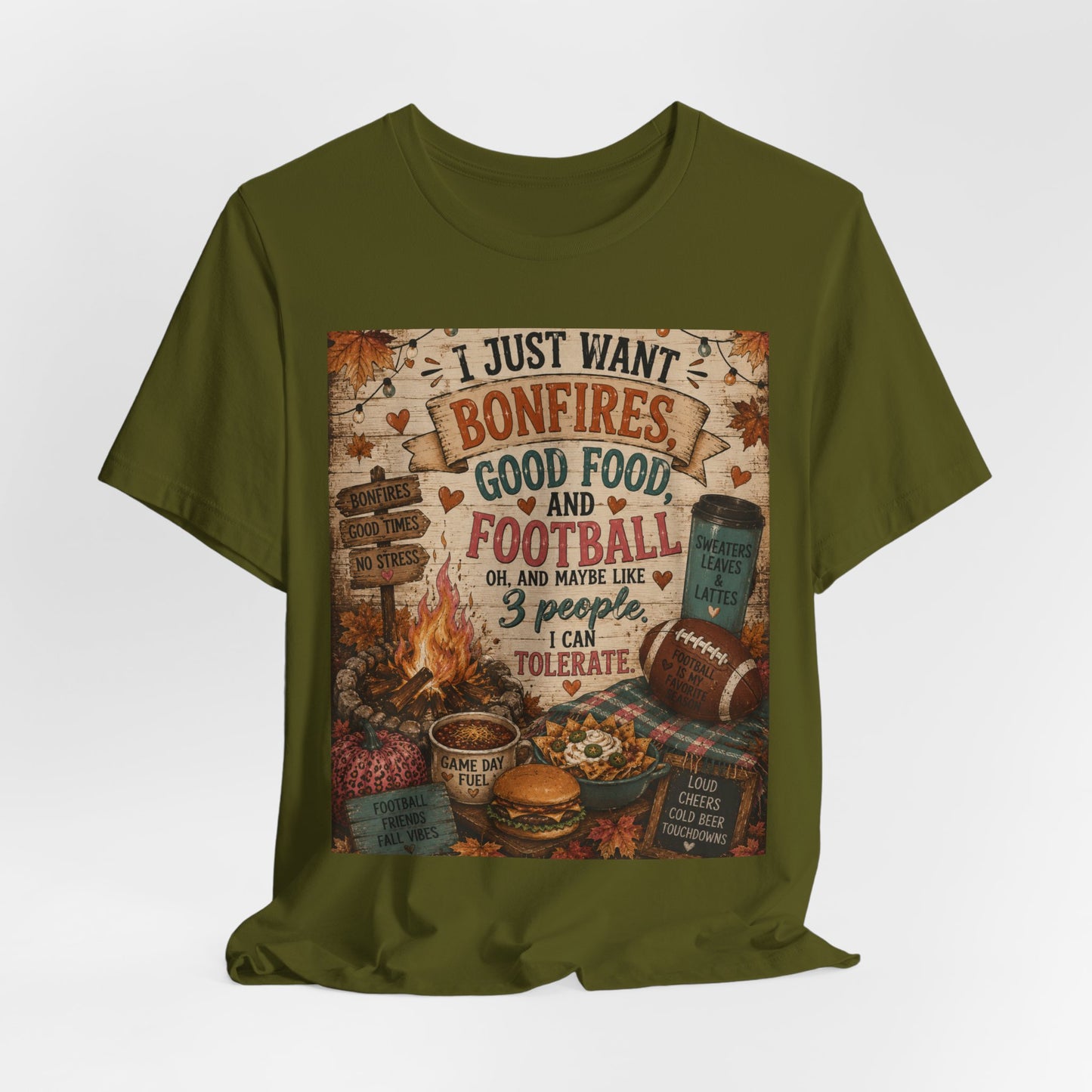 Sunflower Porch Co Bonfires Good Food and Football Tee | Fall Campfire Typography Shirt