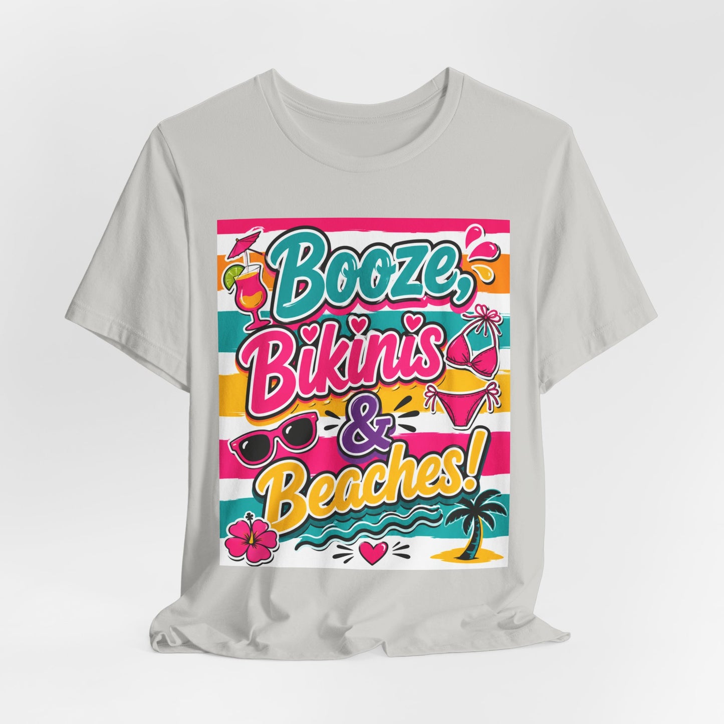 Sunflower Porch Co. Booze Bikinis & Beaches T-Shirt — Summer Beach Party Graphic Tee