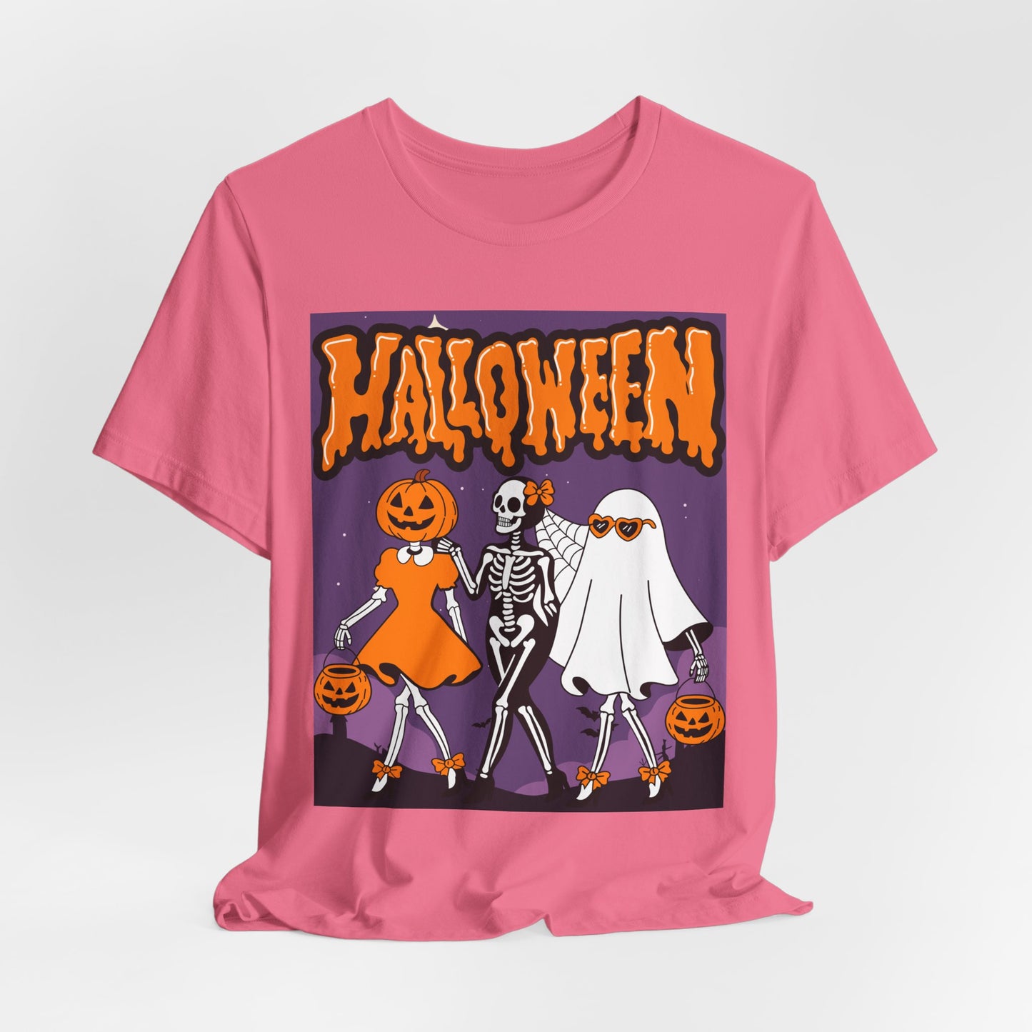 SunflowerPorchCo Dancing Skeletons and Pumpkins Halloween T-Shirt | Retro Spooky Trio Tee