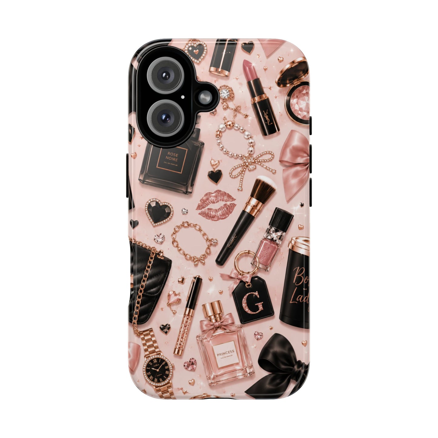 Sunflower Porch Co Glam Makeup Pattern Phone Case | Rose Gold Cosmetics, Perfume, Lipstick